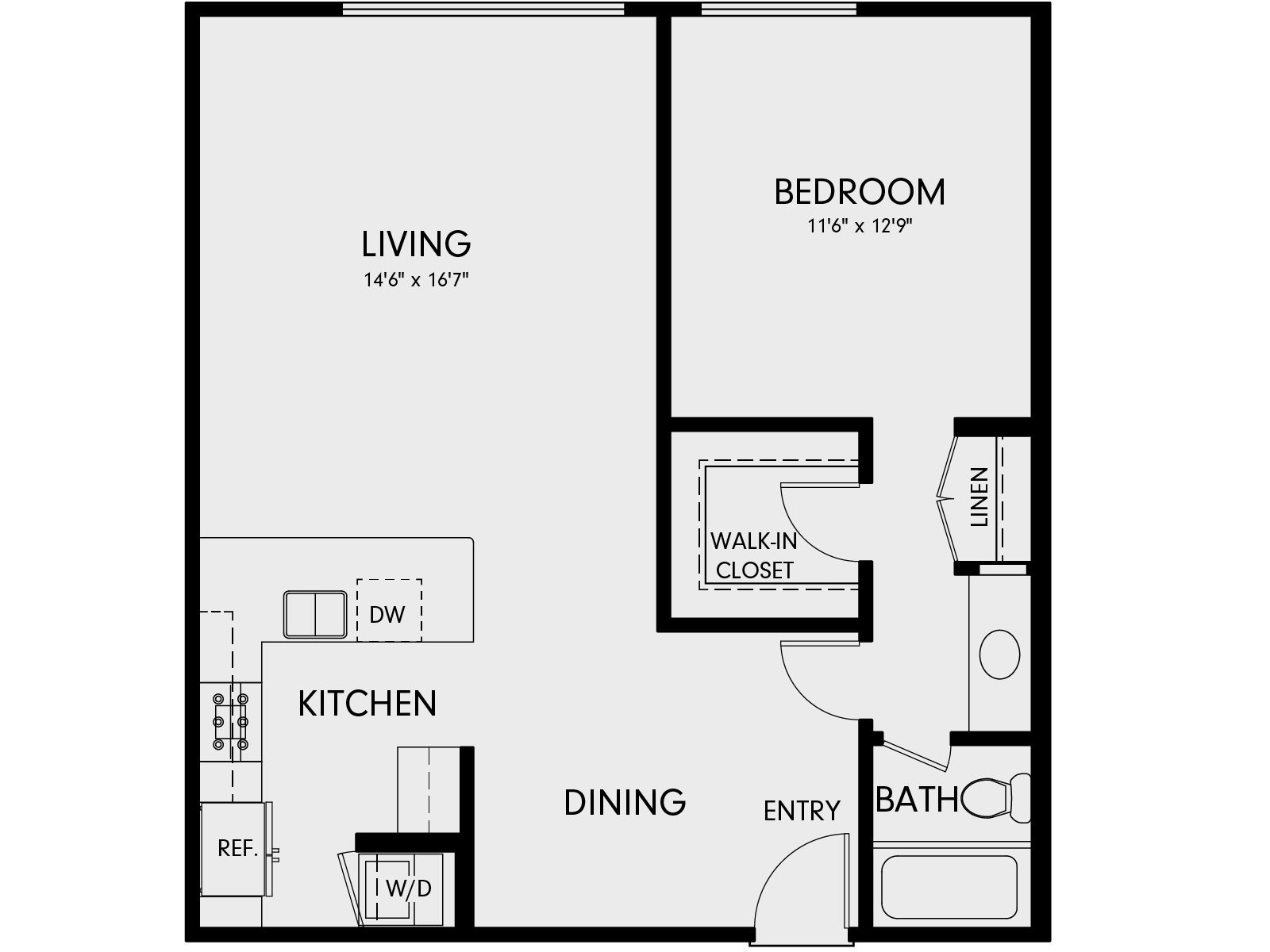 Floor plan for 1 bed, 1 bath, 810 sqft